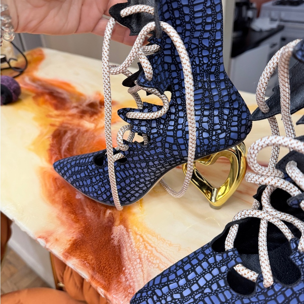 Blue and Gold Women's Lace-Up high heel boots